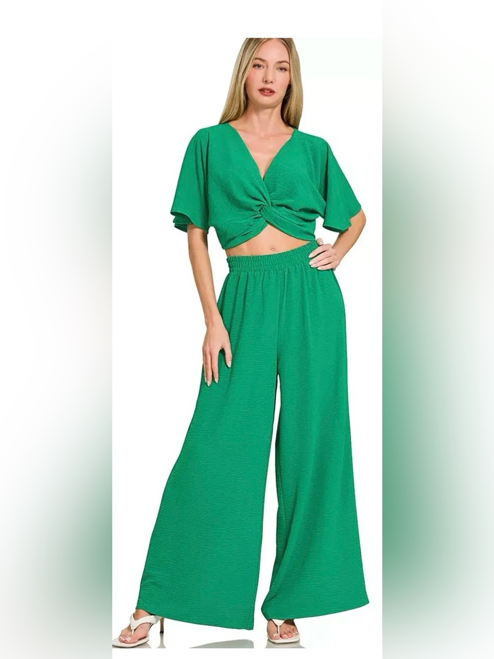 NWOT Zenana Outfitters Emerald Green Wide-Leg Crop Top & Pants Set
